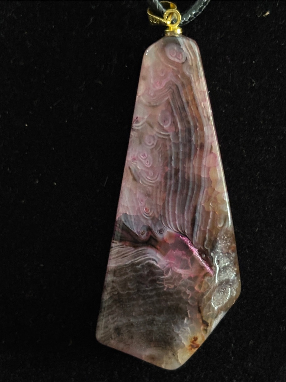 Pink Agate Pendant Necklace with Black Cord